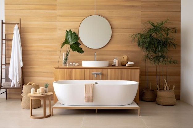 Интерьер стильной ванной комнаты с деревянной раковиной, ванной и зеркалом