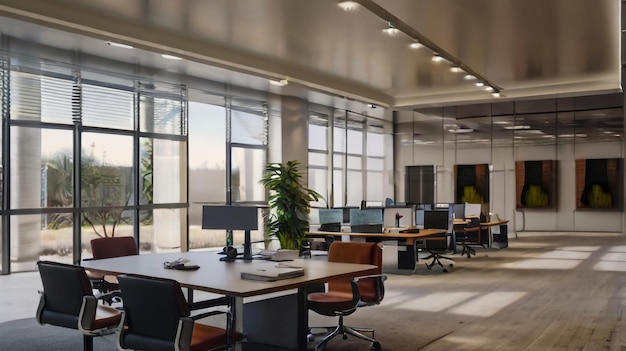 Interior of stylish coworking office with gray walls concrete rows of computer desks and meeting