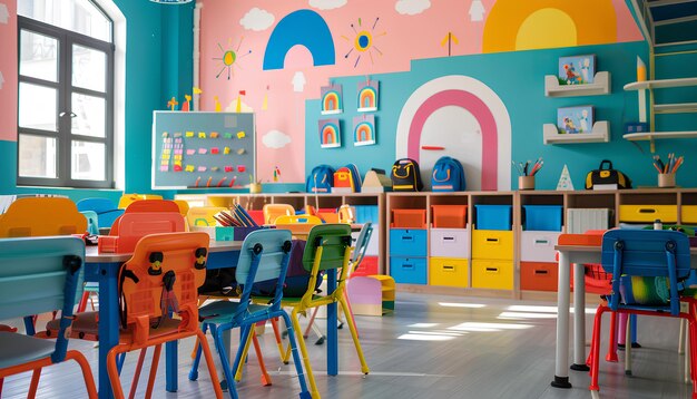 Interior of stylish empty classroom with backpacks and stationery