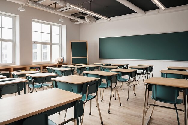 Interior of stylish empty classroom with backpacks and stationery