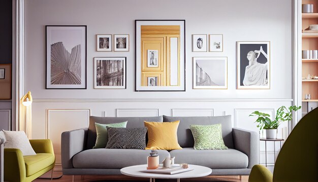 Interior of stylish living room with pictures profess