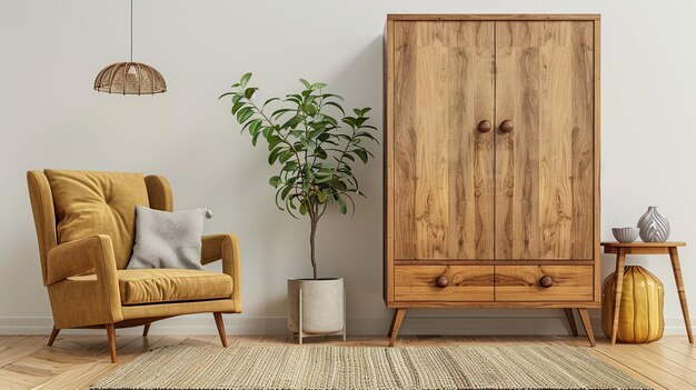 Photo interior of stylish living room with wooden cabinet and cozy armchair generative ai