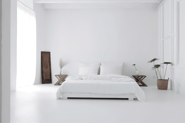 Foto interno di una stanza elegante con un grande letto e uno specchio una camera da letto leggera, carina e accogliente generativa ai