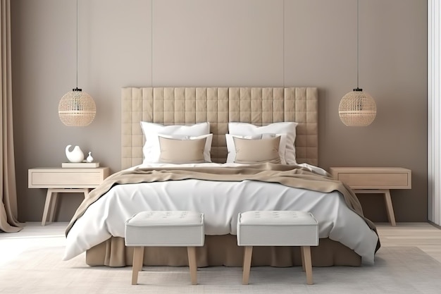 Interior of stylish room with big bed and mirror Light cute and cozy home bedroom interior with unmade bed Loft and modern bedroom 3D render image Generative AI