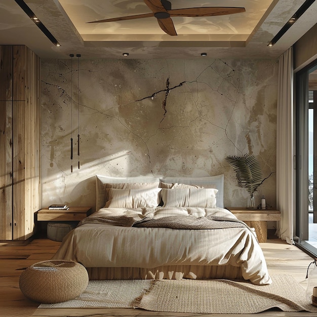 Interior of stylish room with big bed and mirror