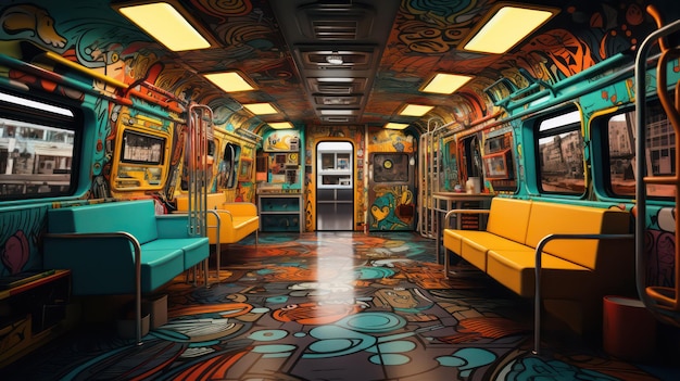 Photo interior of a subway train with art