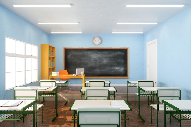 Photo interior of sunlit classroom with chalkboard 3d render