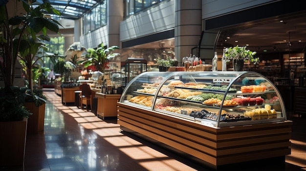 The interior of a supermarket with a variety of food items including sushi