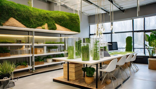 Photo interior of a sustainable architecture firm with ecofriendly materials green design labs and collabo...