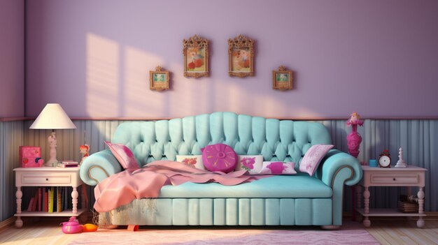 Interior of teenage girl room with sofa Blue and rose furniture in girl room