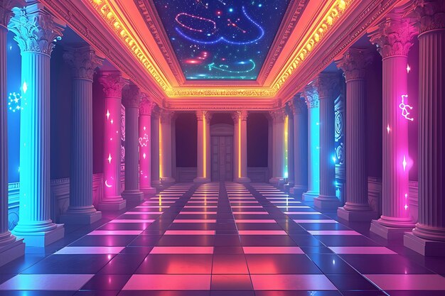 Photo interior of temple ballroom room with dancing celestial figures and zodi vr concept idea neon glow