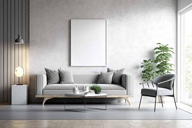 Foto interno di un soggiorno ordinato con mobili e copia spazio su un muro di cemento un mockup