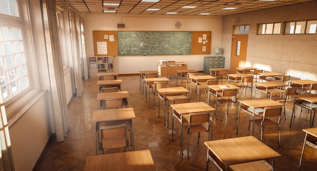 木製の3Dレンダリングで作られた伝統的な日本の学校の教室のインテリア