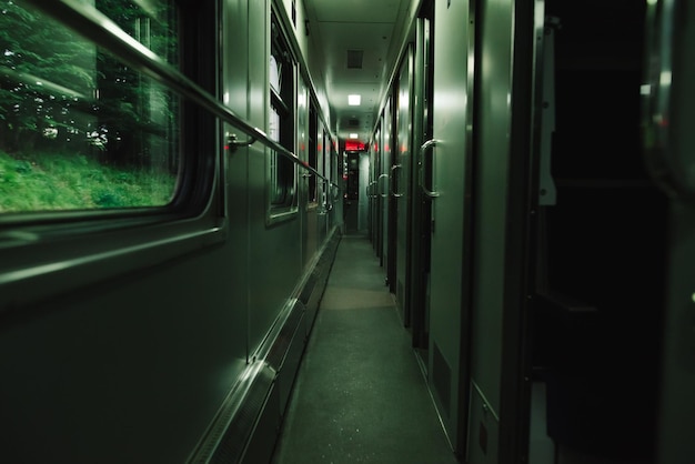 Interior of a train corridor Evening photo of a compartment train