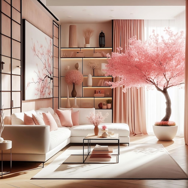 Интерьер модной и элегантной современной гостиной с белым диваном, кофейным столом с декорацией на стене