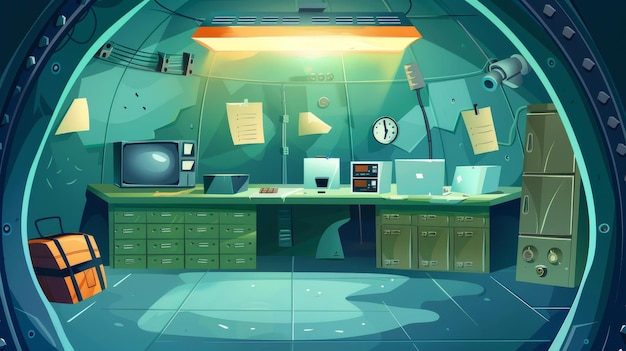 Photo the interior of an underground bunker with lockers appliances on a desk stocks on shelves and a hatchway in the floor is portrayed as a modern cartoon illustration