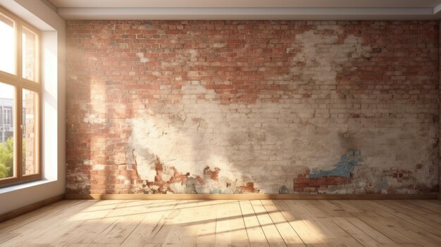 Photo interior of unfinished repair room with brick wall and window