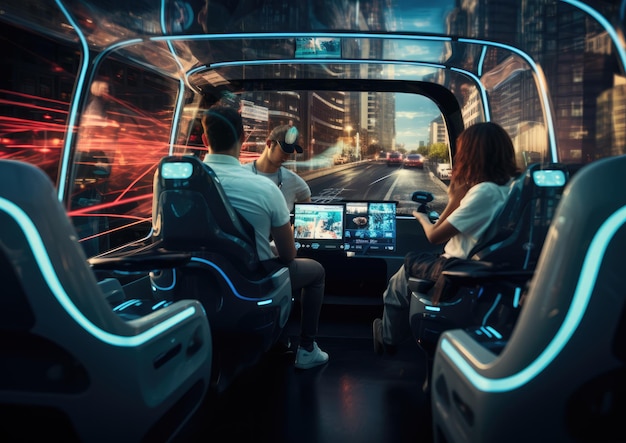 An interior view of an autonomous vehicle highlighting the sophisticated AI dashboard and the relax