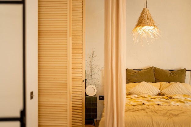 Interior view of bedroom in beige tones