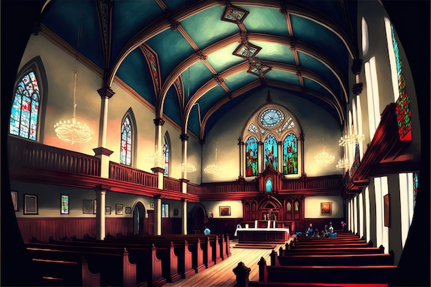 教会のデジタル イラストレーションの内部ビュー