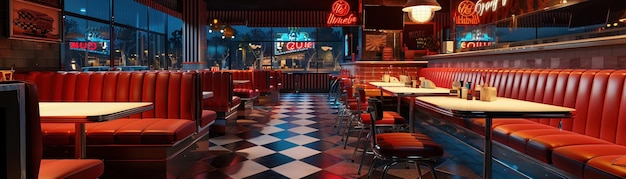 An Interior view of a classic American diner at night with a retro design and cozy atmosphere