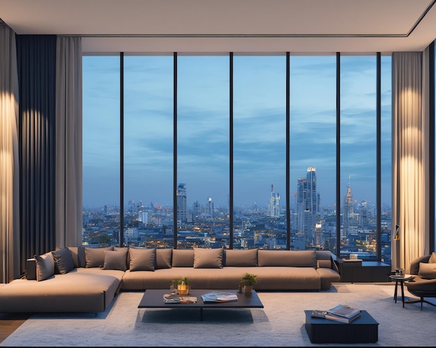 Interior view of modern living room big windows with sofa table wall and chair white walls mock up