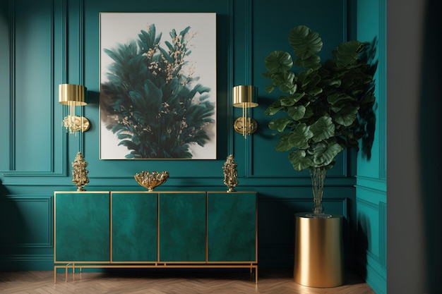 Interior view of an opulent apartment with green walls golden plant stands and a contemporary teal sideboard
