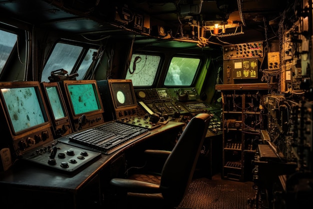 Vista interna di una cabina di pilotaggio di una nave con pannello di controllo e pannello di comando sala di controllo del naufragio ai generato