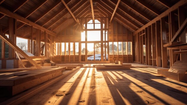 Interior view of wooden house structure