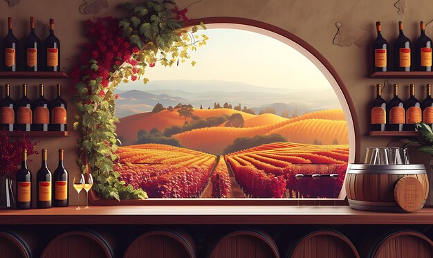 Photo interior of vineyard living room with rolling hills of grapes hologram e vr concept idea neon glow