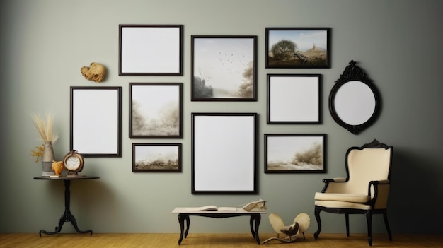 Photo the interior of vintage living room with armchair and table hanging empty and natural photo frames on the wall generative ai aig27