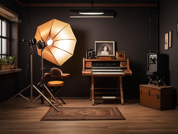 Photo interior of vintage photo studio with equipment