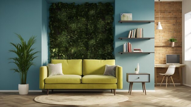 Interior wall copy space with green plantlight blue wall and shelf3d rendering