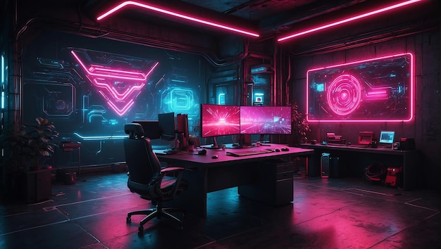 Photo interior wall of a cyberpunk office fututistic neons simple decoration multi color matrice