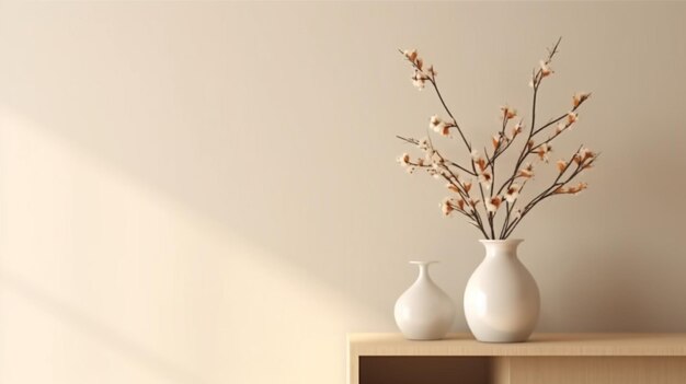 Interior wall mock up with flower vase cream color wall and wooden cabinet Generative AI