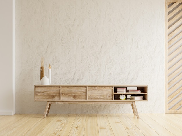 Interior wall mockup of a tv cabinet in a living room on a concrete wall background.3d rendering