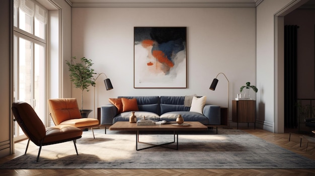 Interior wall mockup in warm neutrals with low sofa beige pillow and dried Pampas grass on table