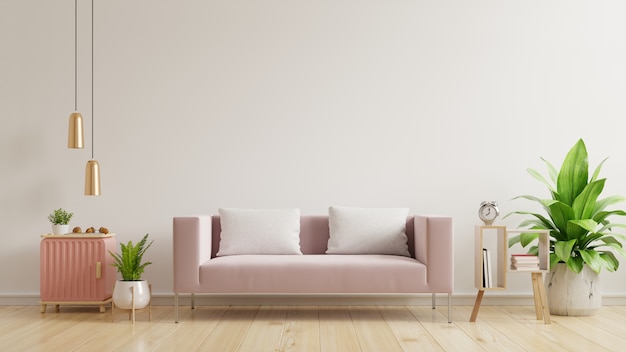Mockup di parete interna con muro bianco vuoto, divano rosa su pavimento in legno e muro bianco
