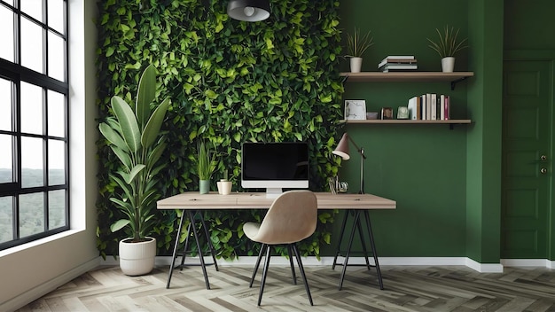 Interior wall mockup with green plantgreen wall and shelf in working room3d rendering