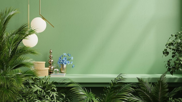 Interior wall mockup with green plantGreen wall and shelf3D rendering