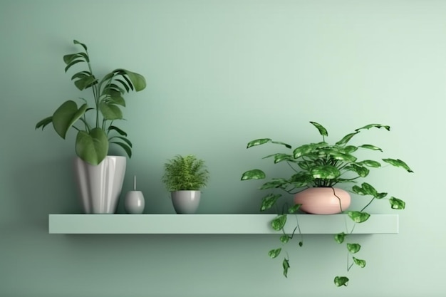 Interior wall mockup with green plantgreen wall and shelf