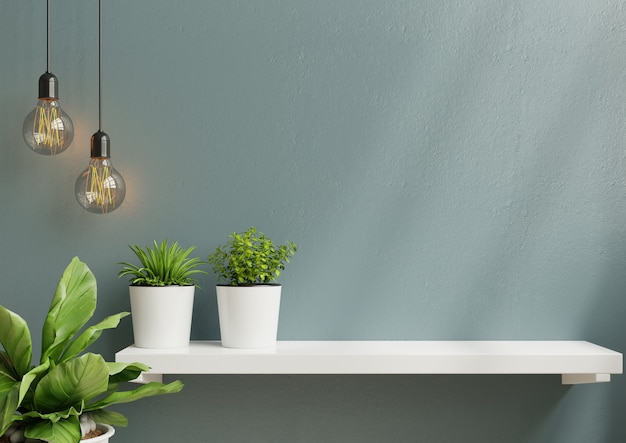 Photo interior wall with green plant and shelf. 3d rendering