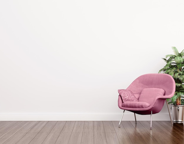 Interior wallpaper. Living room interior with fabric armchair. Plants on empty wall