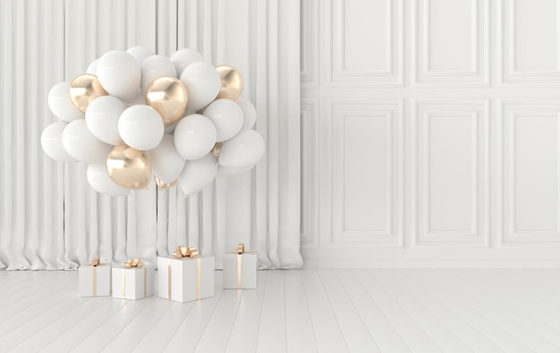 Interior walls with bunch of balloons and curtains Walls with ornated mouldings panels and floor