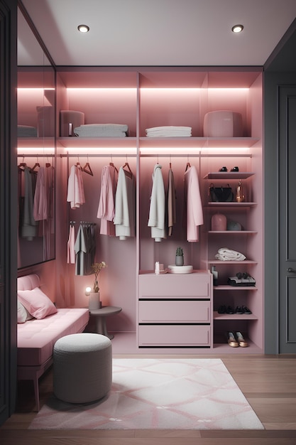 Interior of wardrobe in pink colors in modern house