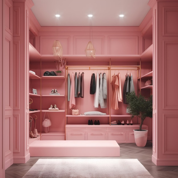 Интерьер гардероба в розовых тонах в современном доме