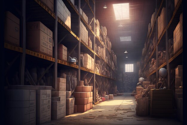 The interior of a warehouse containing shelves pallets and boxes