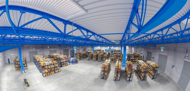 Interior of a warehouse full of goods fish eye view