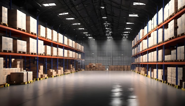 Photo interior of warehouse in logistic center 3d rendering