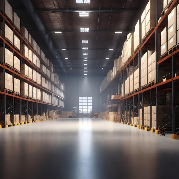 Photo interior of warehouse in logistic center 3d rendering